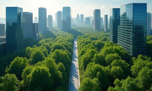 Aerial view of a sustainable forest integrated with a modern business district