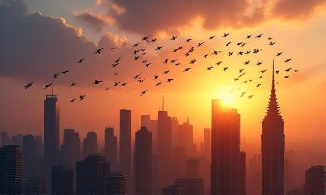 A flock of birds flying over a modern city skyline at dusk