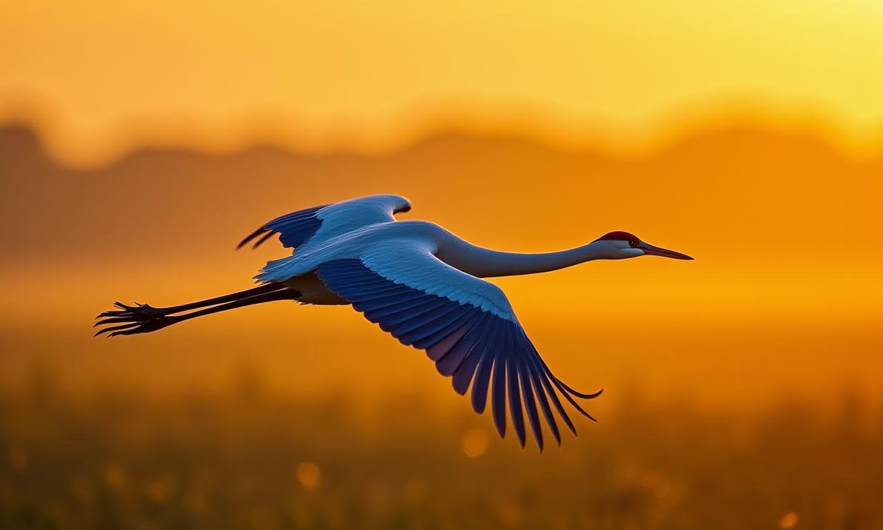 Majestic Blue Crane flying over a lush wetland landscape