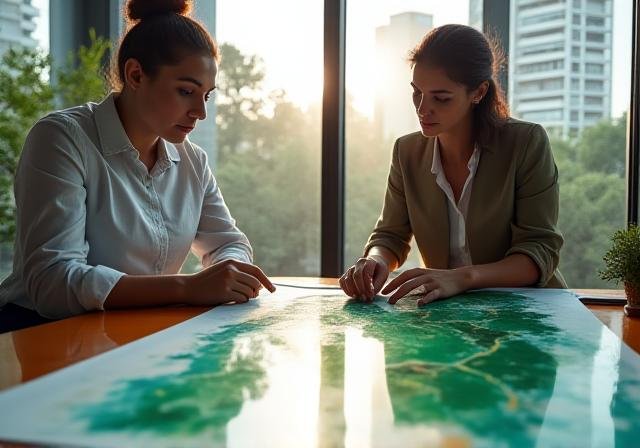 Consultants reviewing map with environmental data in a bright office